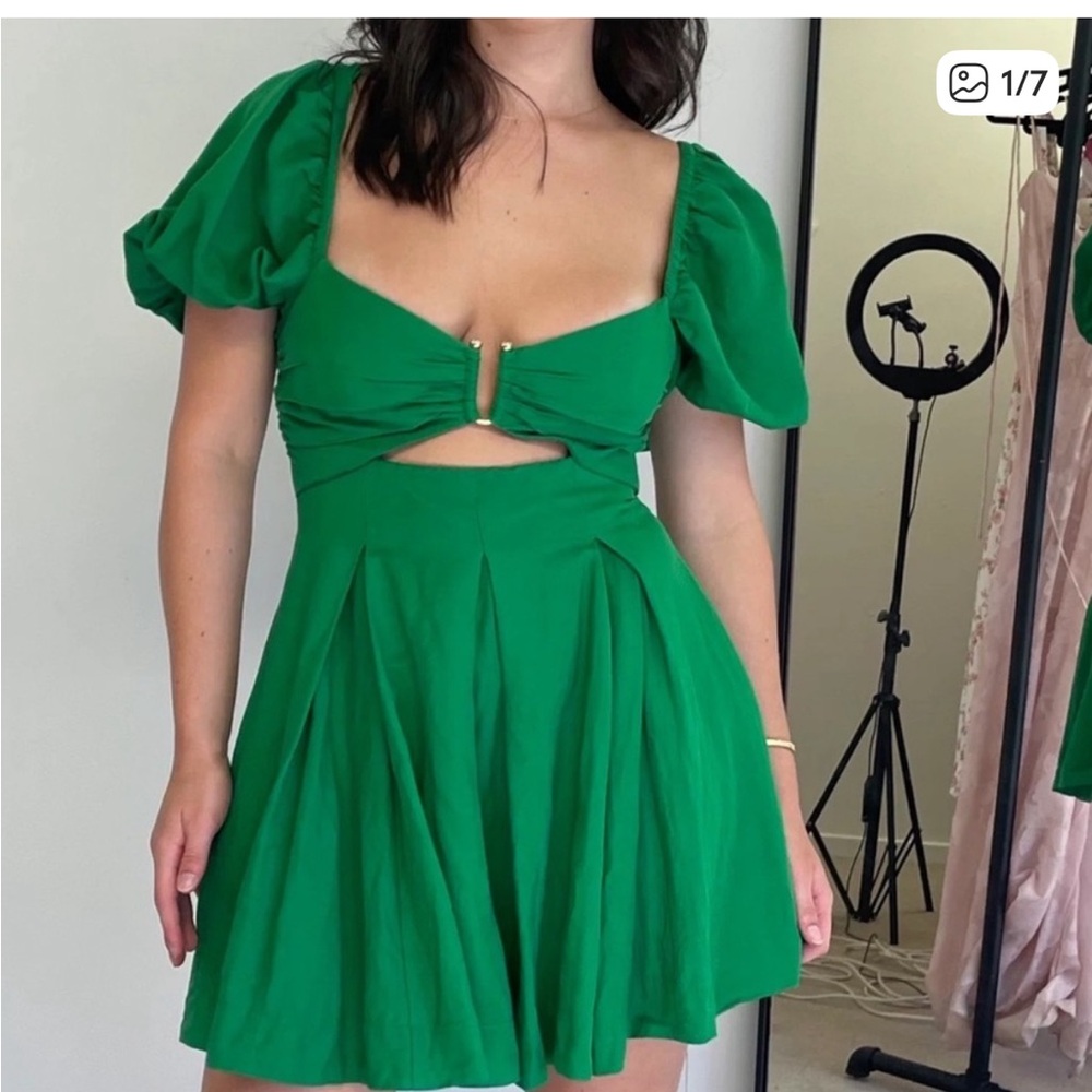 House of Harlow 1960 Emerald Green Puff Sleeve Linen Blend Dress NWT